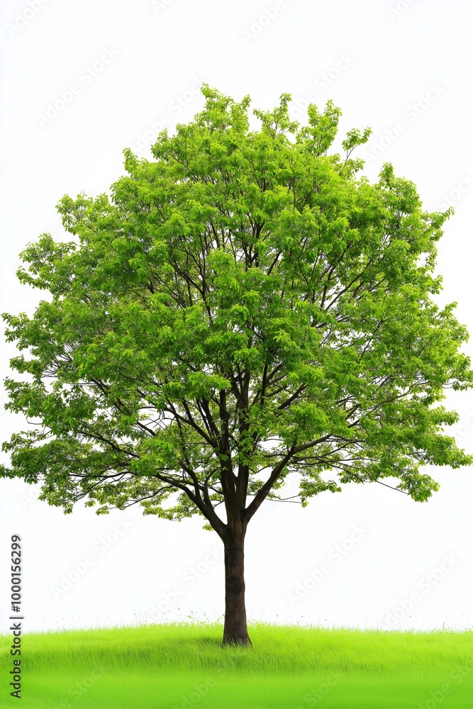 Poster a large tree stands alone in a field of green grass. the tree is the main focus of the image, and it