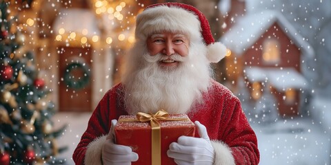 A man dressed as Santa Claus is holding a red box. He is smiling and he is happy