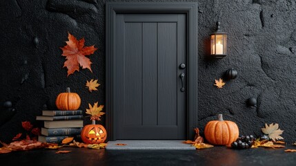 Obraz premium Halloween themed door with pumpkins, autumn leaves, and lantern on a dark background.