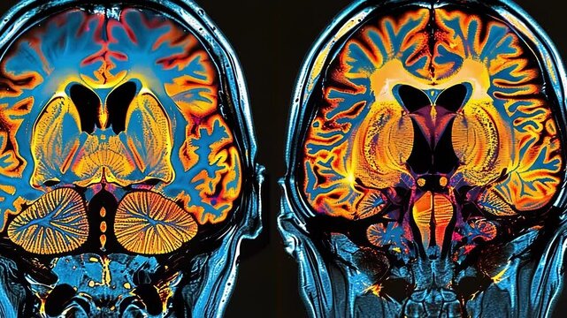 Two colorful coronal views of the human brain are being shown, highlighting the impact of neurotechnology on brain activity