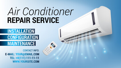 Air Conditioning Repair Flyer banner business card with Realistic detailed isometric 3d air conditioning blowing cold air in the room for home