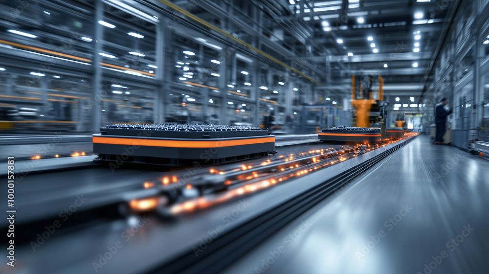 Poster a dynamic view of ev battery cells moving along a conveyor belt as robotic systems precisely attach 