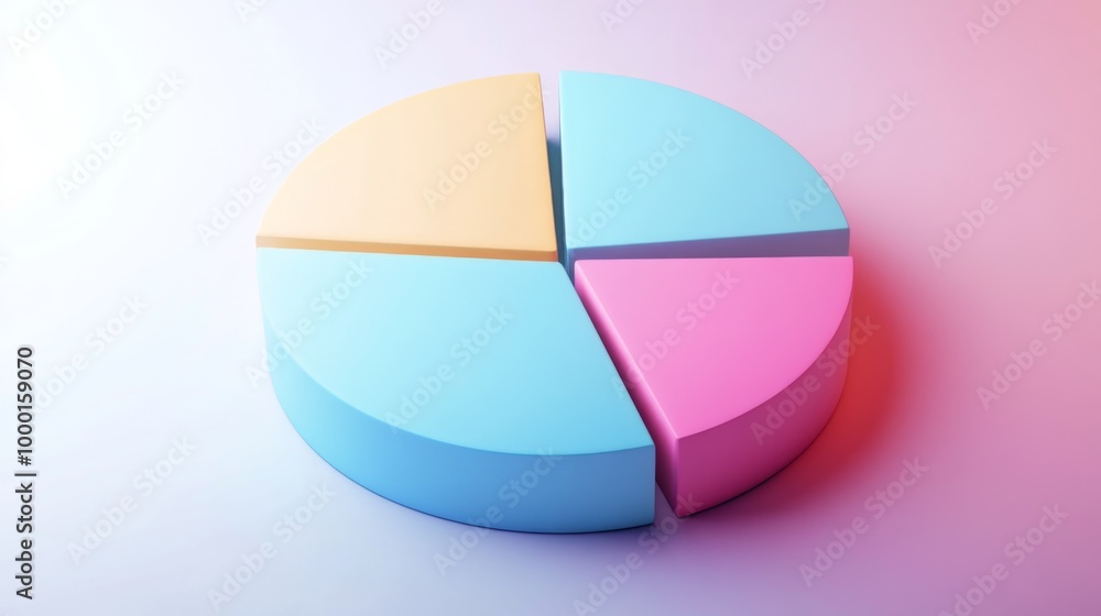 Poster a creative 3d pie chart in pastel colors, each segment slightly tilted for emphasis, set against a s
