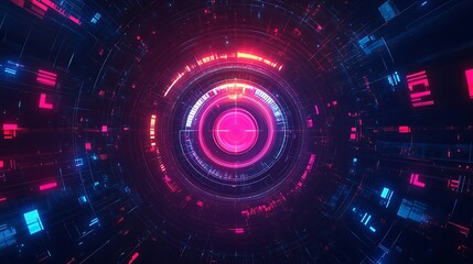 Obraz premium Abstract glowing pink and blue digital tunnel with futuristic HUD elements.