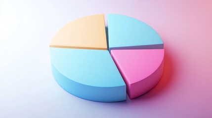Obraz premium A creative 3D pie chart in pastel colors, each segment slightly tilted for emphasis, set against a soft gradient background, representing data visualization in a minimalistic design.