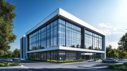 Fototapeta premium 3D render of modern office building with glass facade and parking lot, sunny day