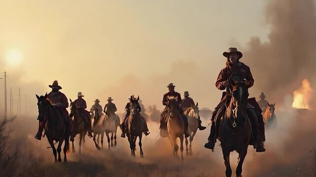 Group of Cowboys Riding Horses Through Dust Cloud at Sunset