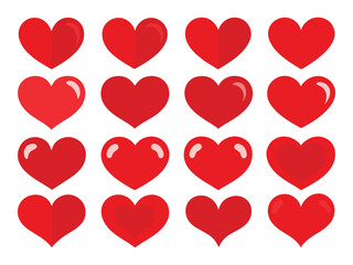 Set of Red Heart Flat Cartoon Icons. Romantic Abstract Symbols in Various Shapes for Valentine's Day. Love Banner Template Decorative Elements for Weddings.