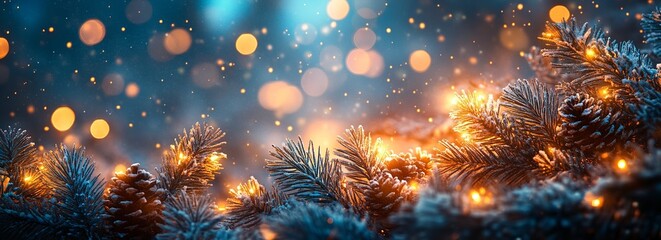 Fototapeta premium Long web wide horizontal banner with Christmas winter scene, pine or spruce branches with golden blurred light decoration, snow, copy space. Merry Xmas bright illustration, Happy New Year background