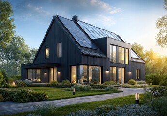 Modern family house with solar panels on roof, green energy sustainable living concept