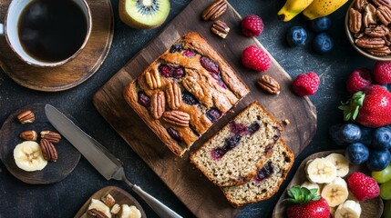 A creative flat lay of a breakfast table featuring a sliced loaf of banana bread with nuts, served alongside fresh fruit and a steaming cup of coffee.