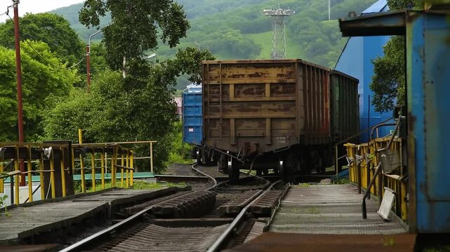 An old rustic train car placed on industrial tracks surrounded by vibrant greenery and nature