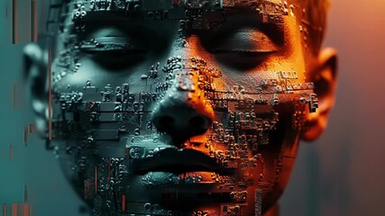 Human face composed of digital blocks and code, symbolizing the fusion of technology and consciousness in a thought provoking exploration of artificial intelligence