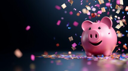 A cheerful pink piggy bank surrounded by colorful confetti, symbolizing savings and celebration in financial success.