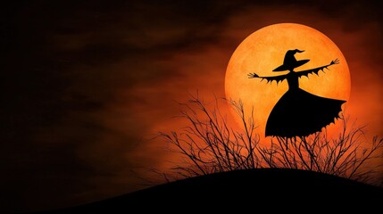 Silhouette of a witch dancing under a glowing orange moon.