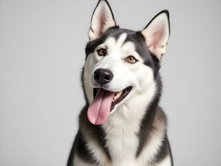 Fototapeta premium A Siberian husky, white and black colour, her tongue hanging out of the corner of her mouth, facing the camera with a silly and funny expression.