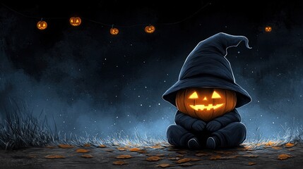 A cute pumpkin character wearing a wizard hat in a spooky Halloween scene.