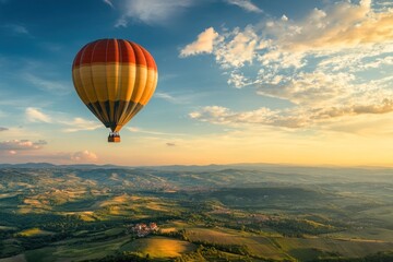 Obraz premium Hot Air Balloon Soaring Above Rolling Hills and Villages at Sunset