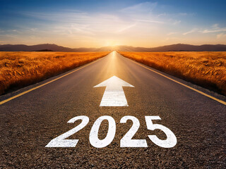 Road with arrow symbolizing the arrival of the year 2025