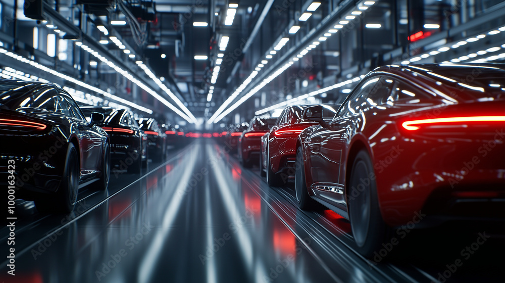 Poster a dynamic view of a mass production line, where rows of modern cars in different stages of assembly 
