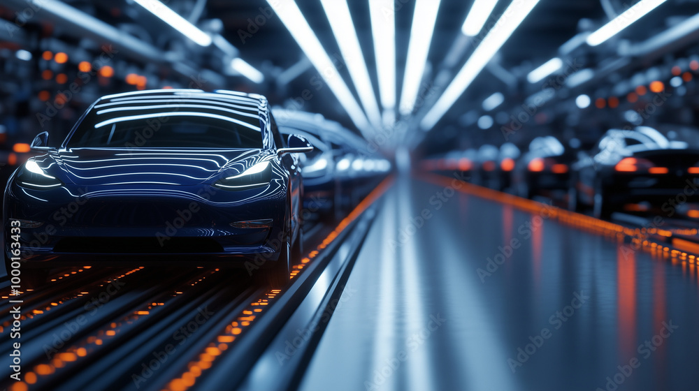 Poster a dynamic view of a mass production line, where rows of modern cars in different stages of assembly 