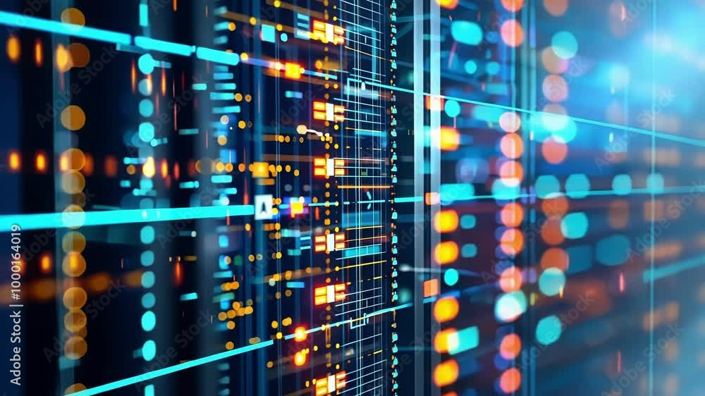 Poster vibrant data lines flow in a server room, creating a futuristic atmosphere symbolizing digital conne