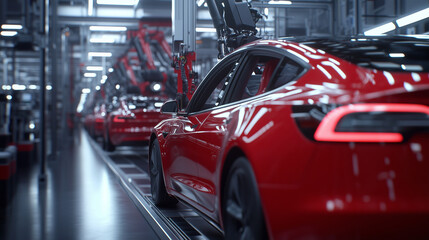 Obraz premium A high-speed automotive production line where robotic arms effortlessly handle car parts, assembling modern vehicles at a rapid pace, the factory floor bustling with activity.