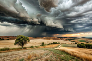 Fototapeta premium Dramatic storm clouds loom over golden fields in a rural landscape at dusk, blending nature's power with serene beauty. Generative AI