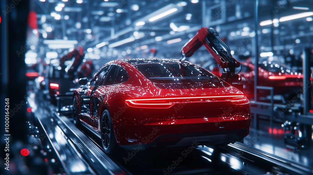 Poster a busy car assembly line with robotic arms and engineers working together to install critical compon