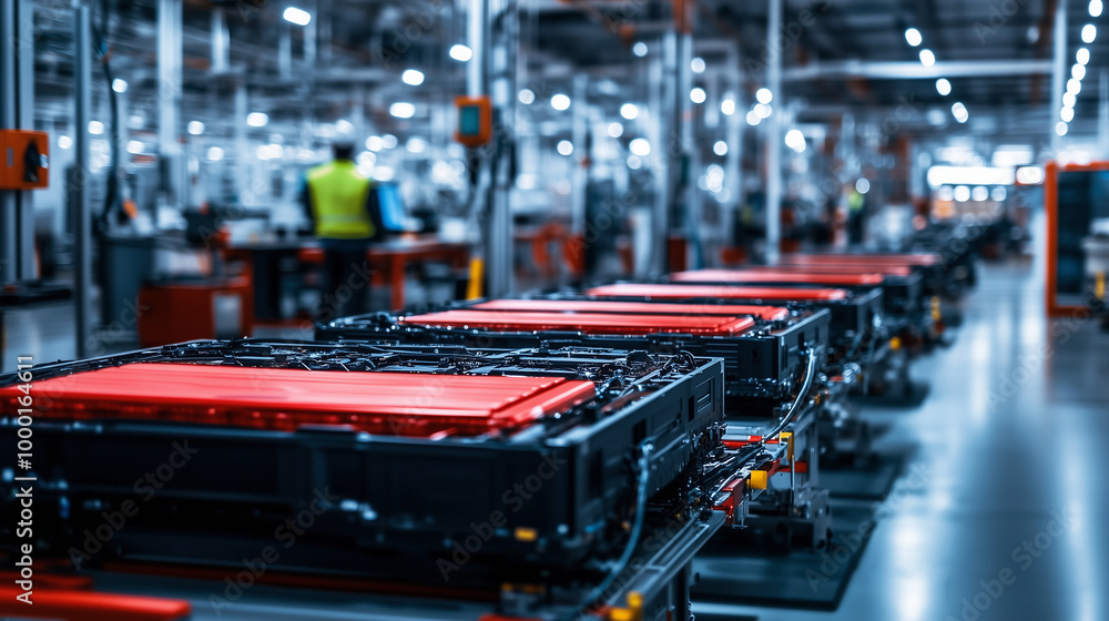 Poster a high-tech factory setting where electric vehicle battery cells are assembled at rapid speed, with 