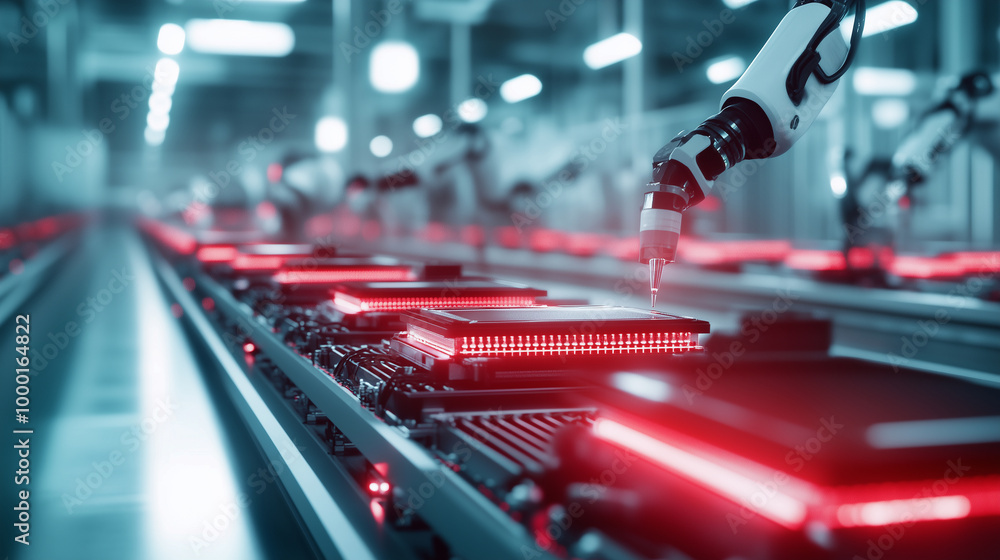 Poster a mass production line where rows of ev battery cells are carefully handled by robotic arms, each ce