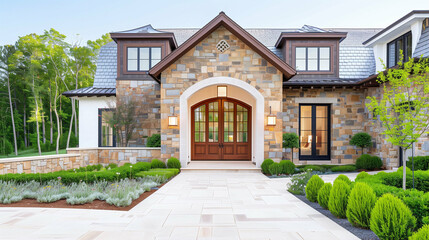 Obraz premium House with beautiful home design and modern architecture showcasing elegant stone exterior and landscaped garden