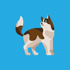 Illustration of a Standing Calico Cat with Green Eyes on Blue Background