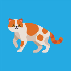 Cartoon illustration of a walking orange and white cat on a blue background