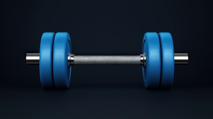 Naklejka premium Blue dumbbell on a dark background, fitness and strength training equipment.