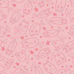 Seamless background with funny faces of anthropomorphic creatures. Humorous characters with different emotions