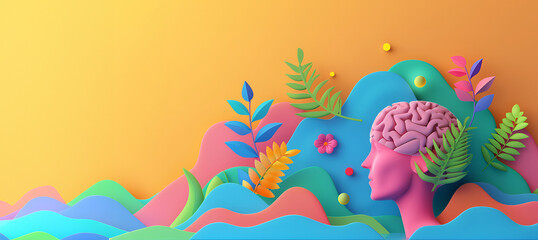 Fototapeta premium Vibrant abstract art representing mental health and brain with colorful nature elements