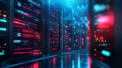 Obraz premium A futuristic technology hub with neon-lit skyscrapers showcasing the power of innovation, data, digital transformation, and connectivity.