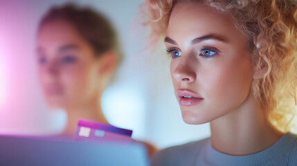She is focused on the card, possibly checking its details or making a purchase