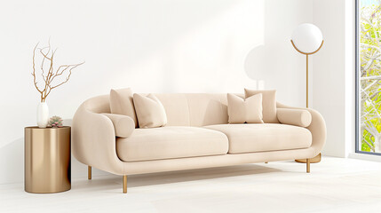 Sofa in modern living room with stylish decor and natural light