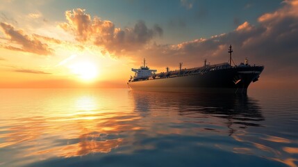 Naklejka premium A large tanker ship sails across a calm ocean at sunset, the golden light reflecting on the water, symbolizing strength, transportation, industry, nature, and tranquility.