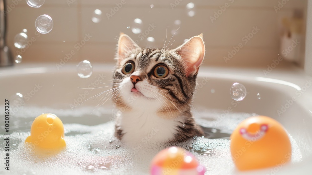 Poster a delightful image of a cat playing with bubbles in a bathtub, surrounded by floating toys, showcasi