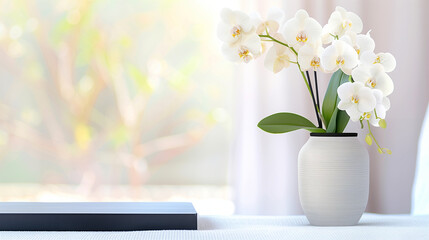 Orchid flowers in elegant vase adorned for home decor with soft background and natural light