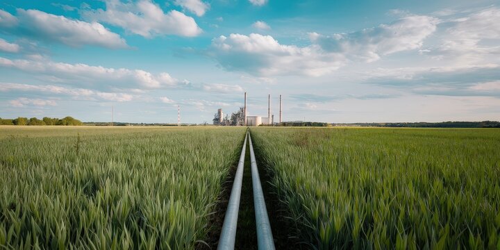 A rural landscape featuring lush green crops and two pipelines heading towards a distant industrial facility with smokestacks under a clear sky.