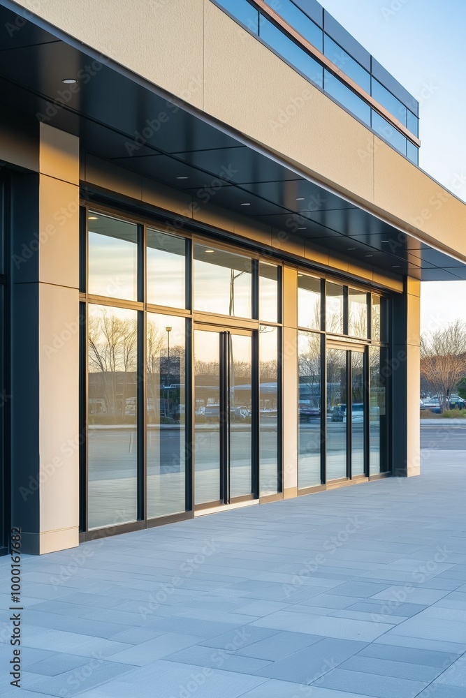 Poster a large building with a glass front. the glass is clear and the building is mostly empty. the buildi