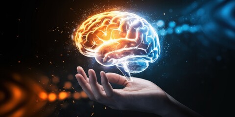 A human hand holds a glowing digital brain, symbolizing intelligence and innovation. The vibrant orange and blue colors illuminate the dark background.