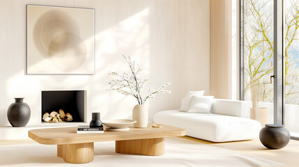 Modern living room interior design with natural light and minimalist decor featuring a stylish coffee table and elegant furnishings