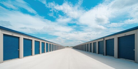 Fototapeta premium A long row of storage units with blue roll up doors, aligned symmetrically along a clean concrete path, under a vast sky with scattered clouds.