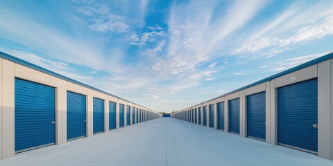 A long row of storage units with blue roll up doors, aligned symmetrically along a clean concrete path, under a vast sky with scattered clouds.