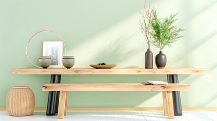Table decor arrangement with home accents and greenery for modern interior design